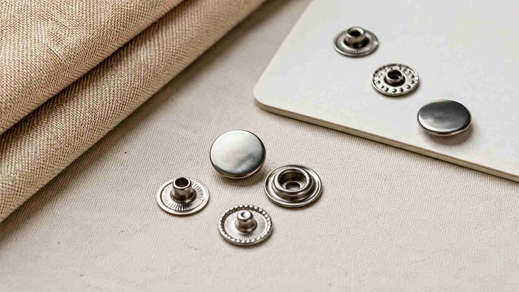 stainless snap buttons, Stainless snap buttons with separate cap, socket, stud, and post components are displayed on a light fabric surface.